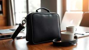 Handy Tasche abschließbar auf einem modernen Schreibtisch mit eleganten Details.