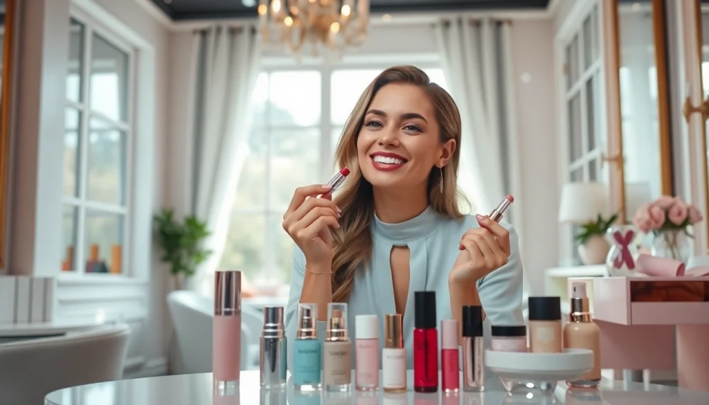 Woman embracing Beauty and Style through elegant beauty products in a sunlit salon.