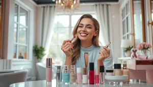 Woman embracing Beauty and Style through elegant beauty products in a sunlit salon.