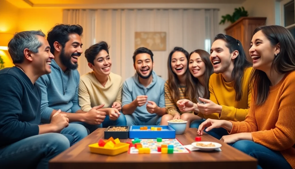 Friends enjoying games to play with friends in a cozy living room, showcasing laughter and engagement.