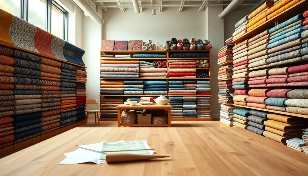 Bekijk stoffen in een helder, modern stoffen webshop Nederland met kleurrijke textieldisplay.