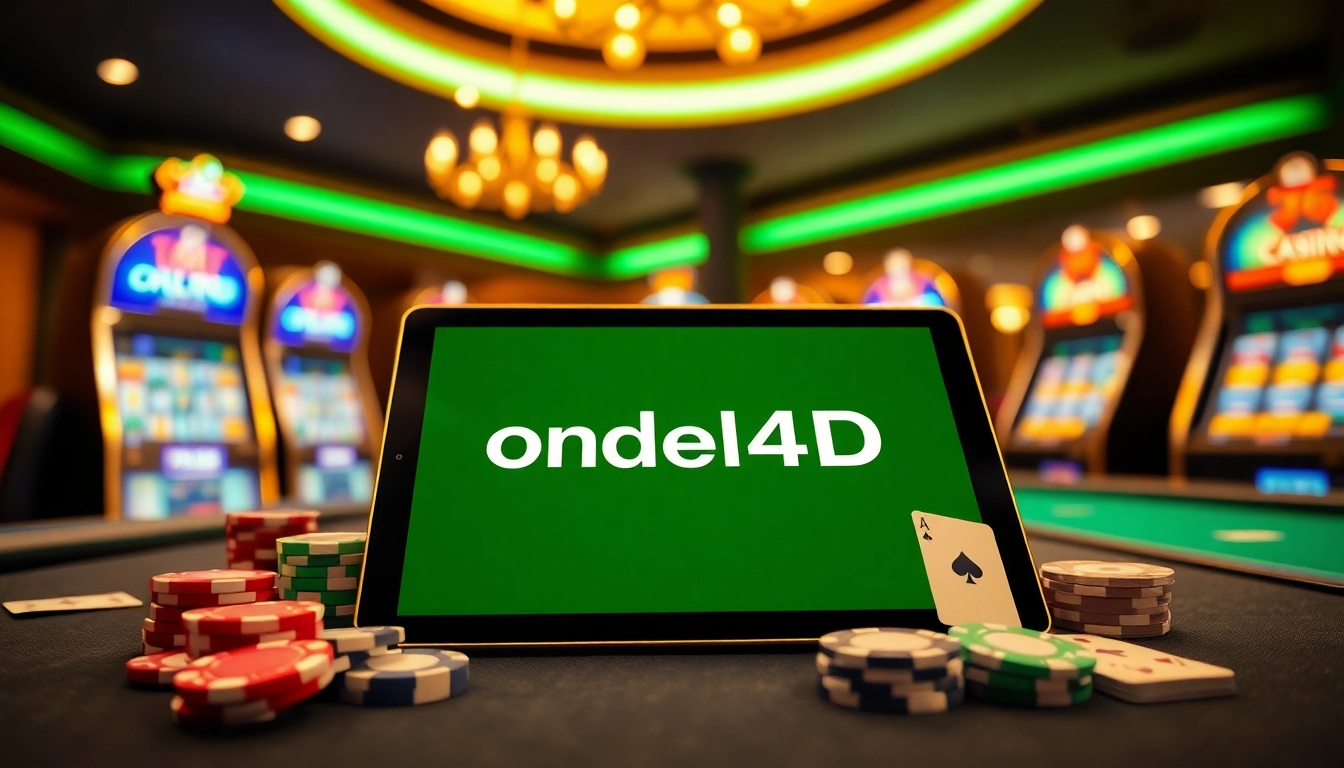 Menampilkan ondel4d di tablet dengan latar belakang kasino yang berkilau.