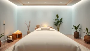 편안한 분위기의 조명과 에센셜 오일이 있는 스웨디시 마사지룸.