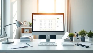 View of an organized invoice home workspace with management dashboard on screen.
