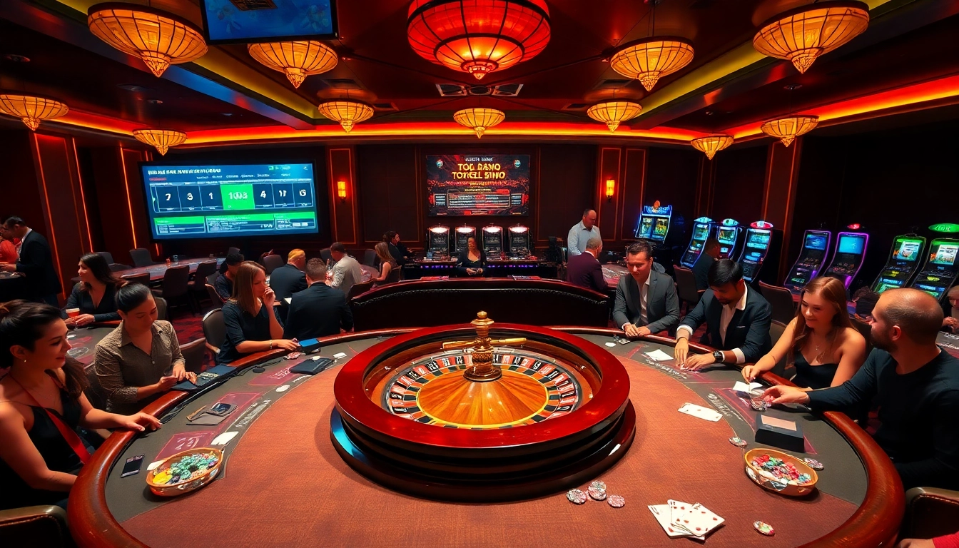 Adegan kasino yang menarik menampilkan permainan togel sumo dengan roulette, meja poker, dan warna-warna yang cerah.