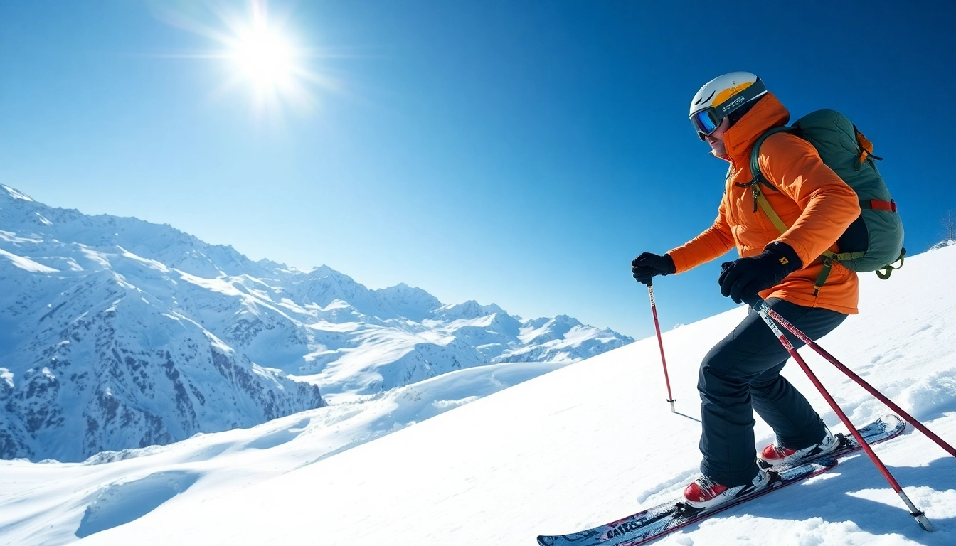 A skier in action with backcountry ski gear on a snowy mountain slope.