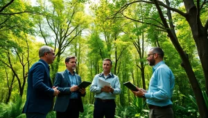 Tree Consultancy professionals assessing diverse forest ecosystem with natural sunlight.