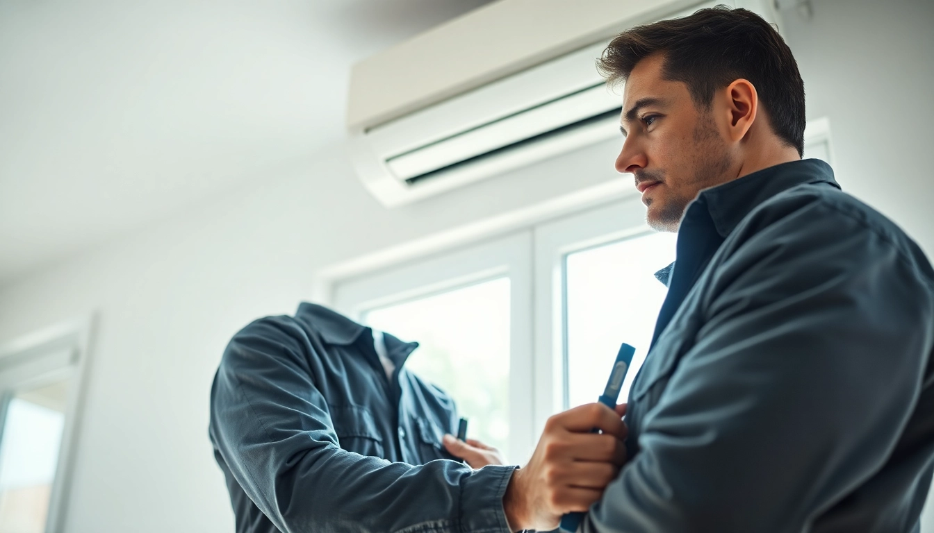 Technician performing maintenance on an american standard ac unit in a bright, modern home.
