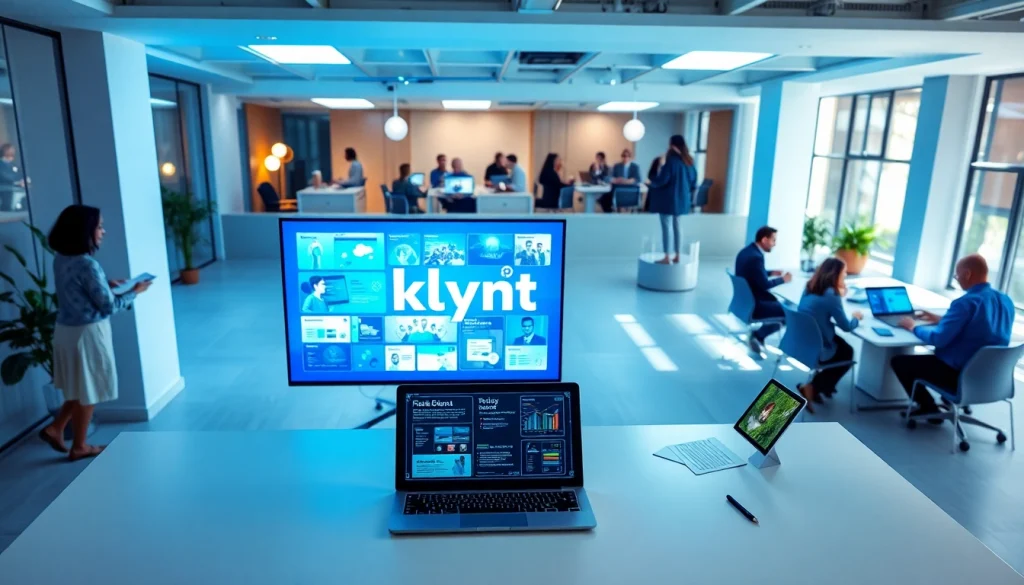 Engage with the dynamic features of klynt on a sleek digital interface in a modern workspace.