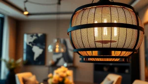 Illuminate your space with a striking black and gold light fixture that enhances modern decor.