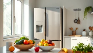 Innovative refrigerator in a modern kitchen with fresh produce surrounding it.