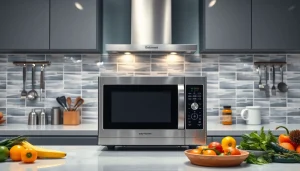 Showcasing microwave oven sales, a modern kitchen setup highlights stainless steel appliances and fresh ingredients.