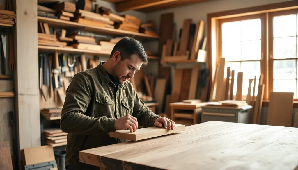Carpenter expertly crafting a wooden table in a well-lit workshop.