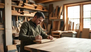 Carpenter expertly crafting a wooden table in a well-lit workshop.