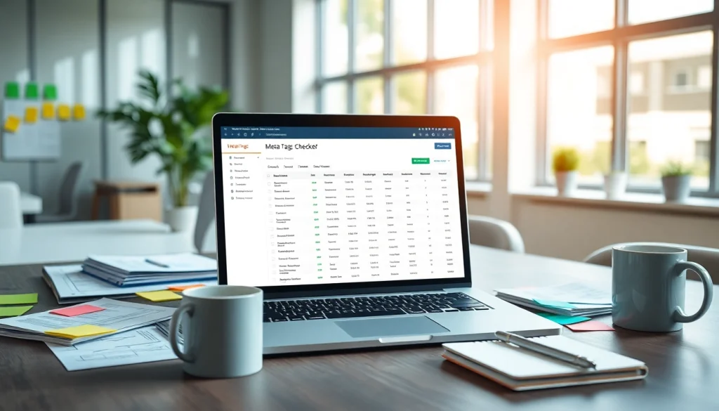Utilizing a meta tags checker tool in a modern workspace with vibrant organization.