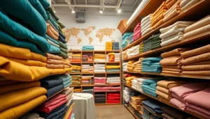 Katoenen stof per meter in een stijlvolle stoffenwinkel met een levendige uitstraling.