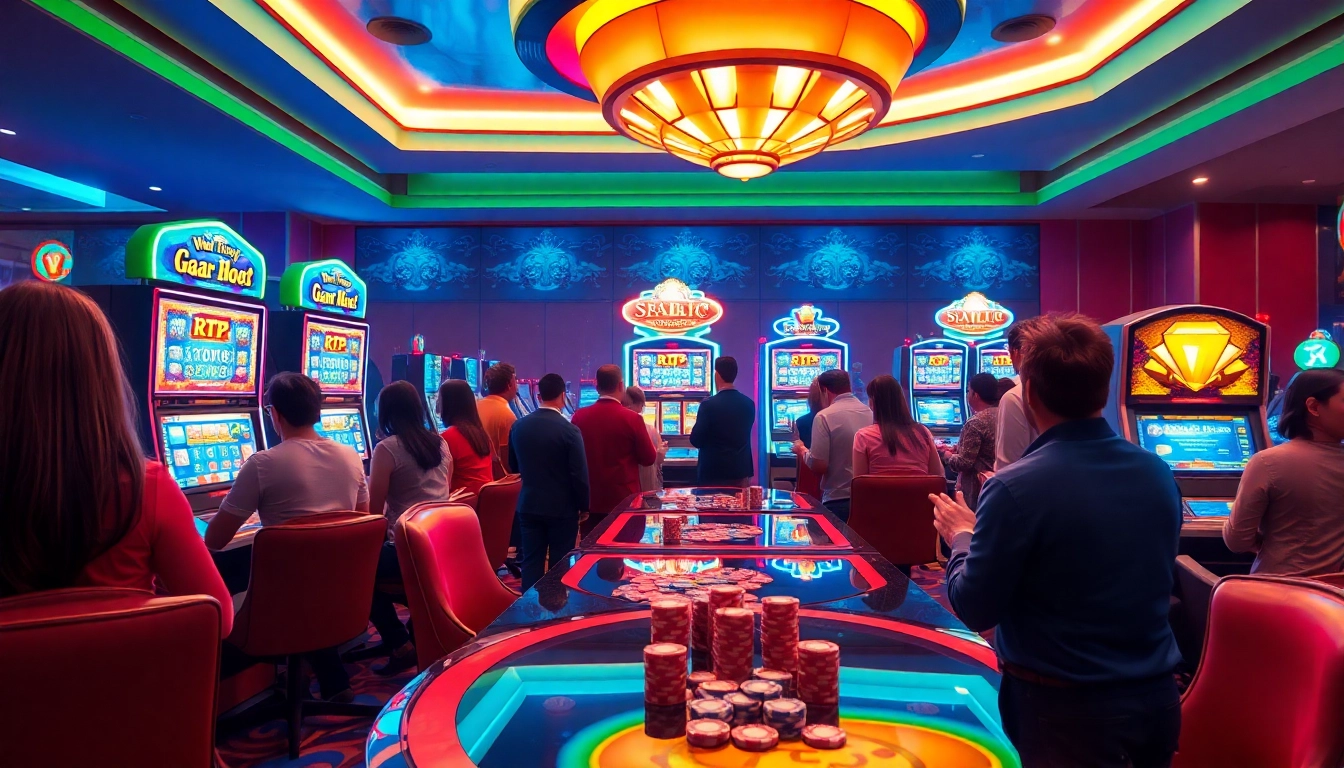 Engaged players enjoying RTP Pragmatic Play slot machines in a vibrant casino atmosphere.
