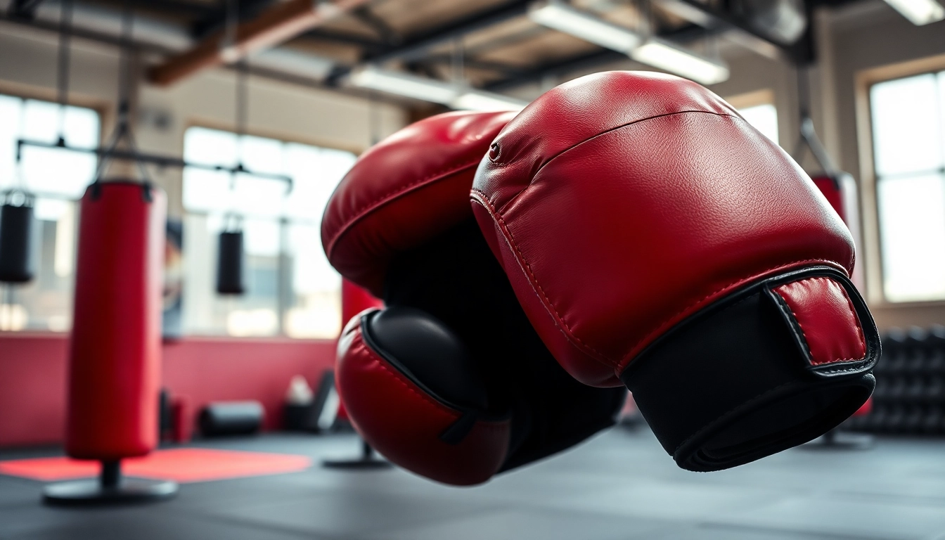 MMA gloves with detailed stitching and design showcased in a vibrant training gym.