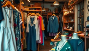 Shop display in a vintage shop Copenhagen showcasing vibrant clothing and unique accessories.