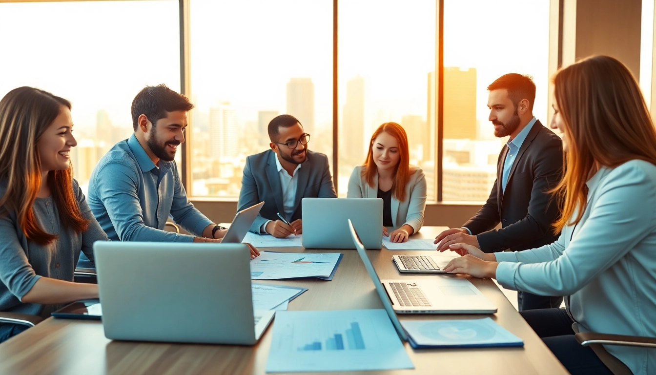Engaging professionals discussing press release distribution strategies in a dynamic office.