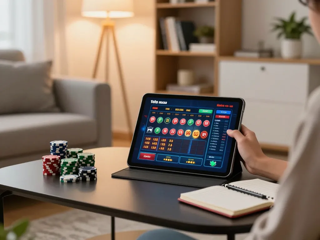 Sesi permainan Toto Macau di tablet dengan hasil waktu nyata yang ditampilkan di lingkungan rumah yang nyaman.