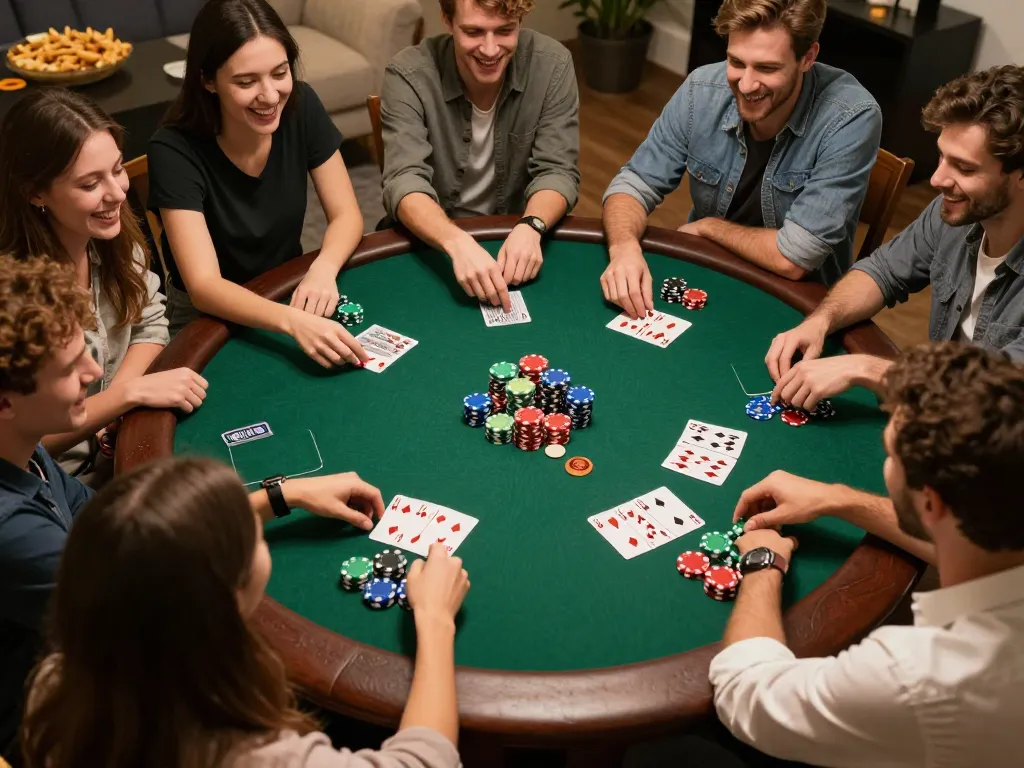 Friends play poker at home with excitement, showcasing strategic gameplay and social bonding on gg88.