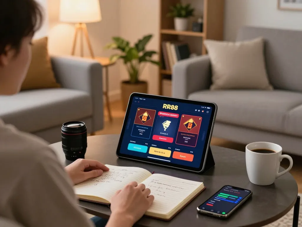 Player enjoying online gaming on RR88 app while relaxing at home