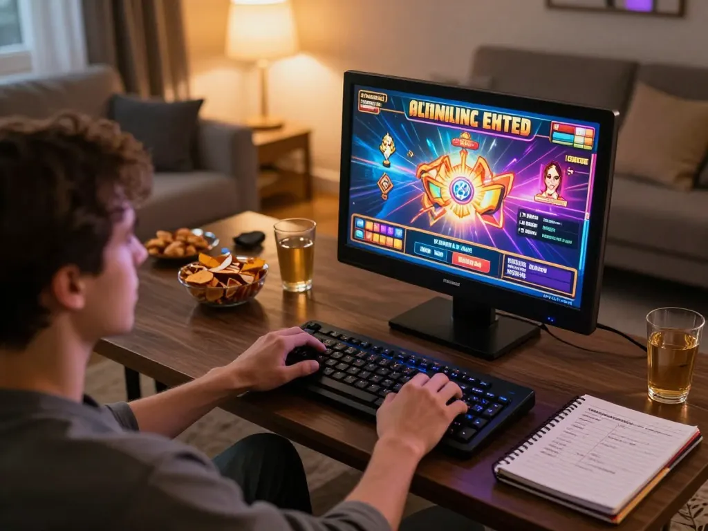 Hargatoto player enjoying an exciting online slot game on a tablet, surrounded by strategy notes.