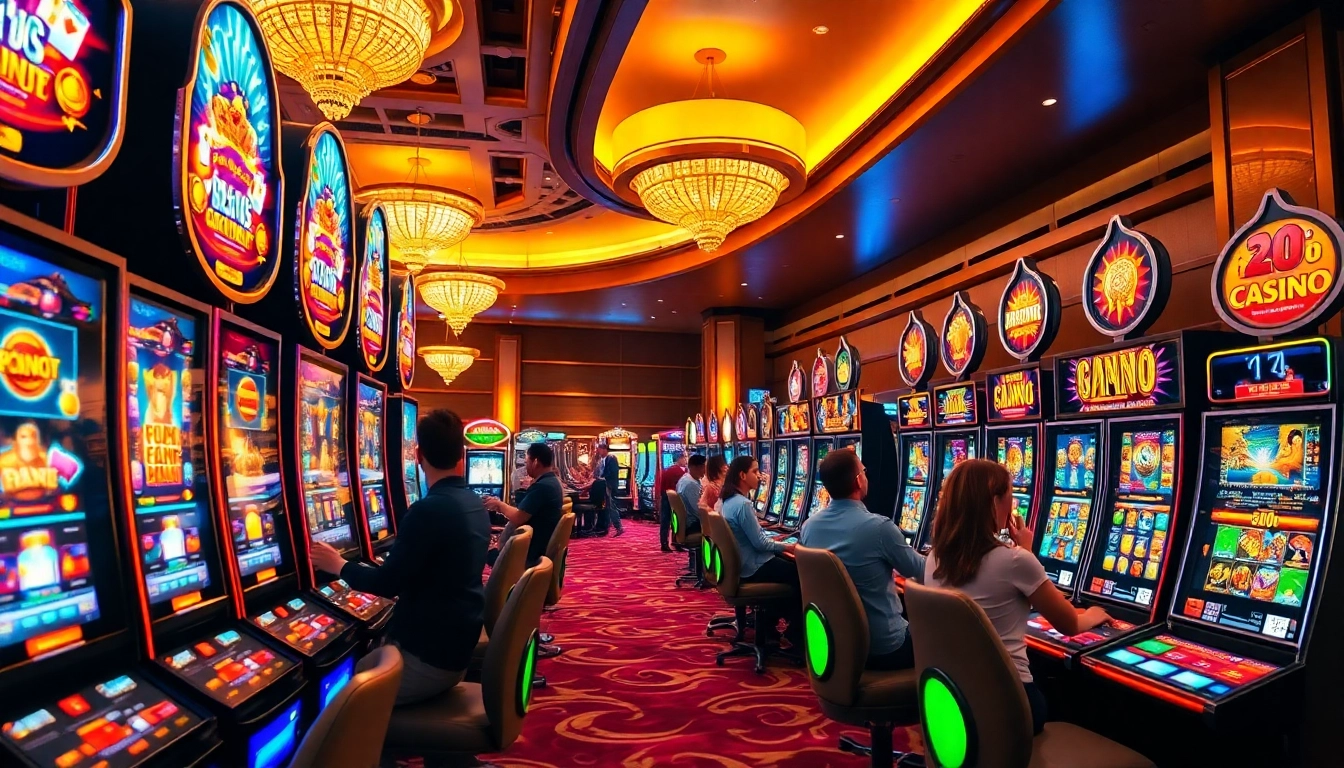 Erleben Sie das aufregende online casino spielen in einem lebendigen Casino mit glänzenden Spielautomaten.