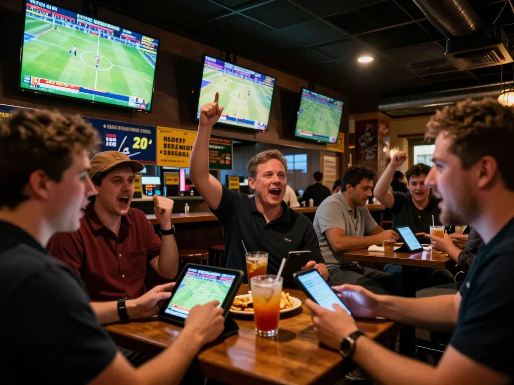 Engaging sports betting scene with kèo nhà cái displayed on screens as patrons cheer.