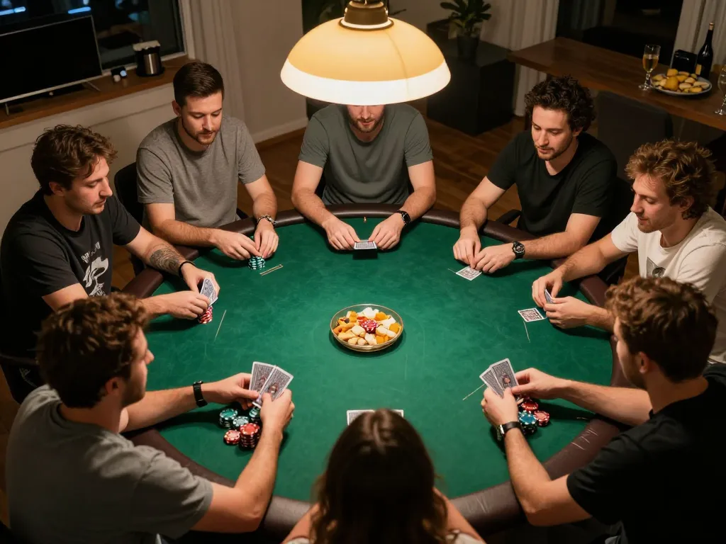 Players enjoying a friendly poker game at home, showcasing strategies with 888top.