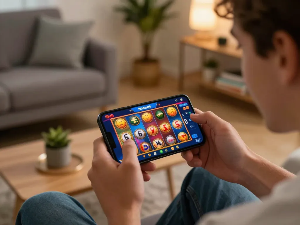 Player engaging with Nohu90 com app for thrilling online slots, showcasing excitement and strategic gaming.