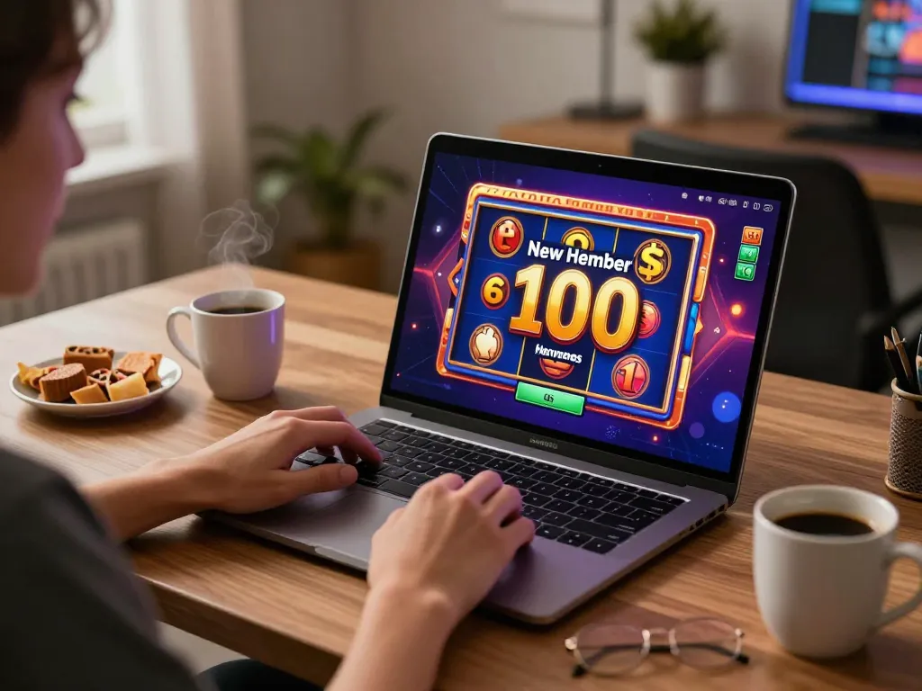 Engage in slot bonus new member 100 gameplay with vibrant online slot machine graphics, showcasing a cozy gaming environment.