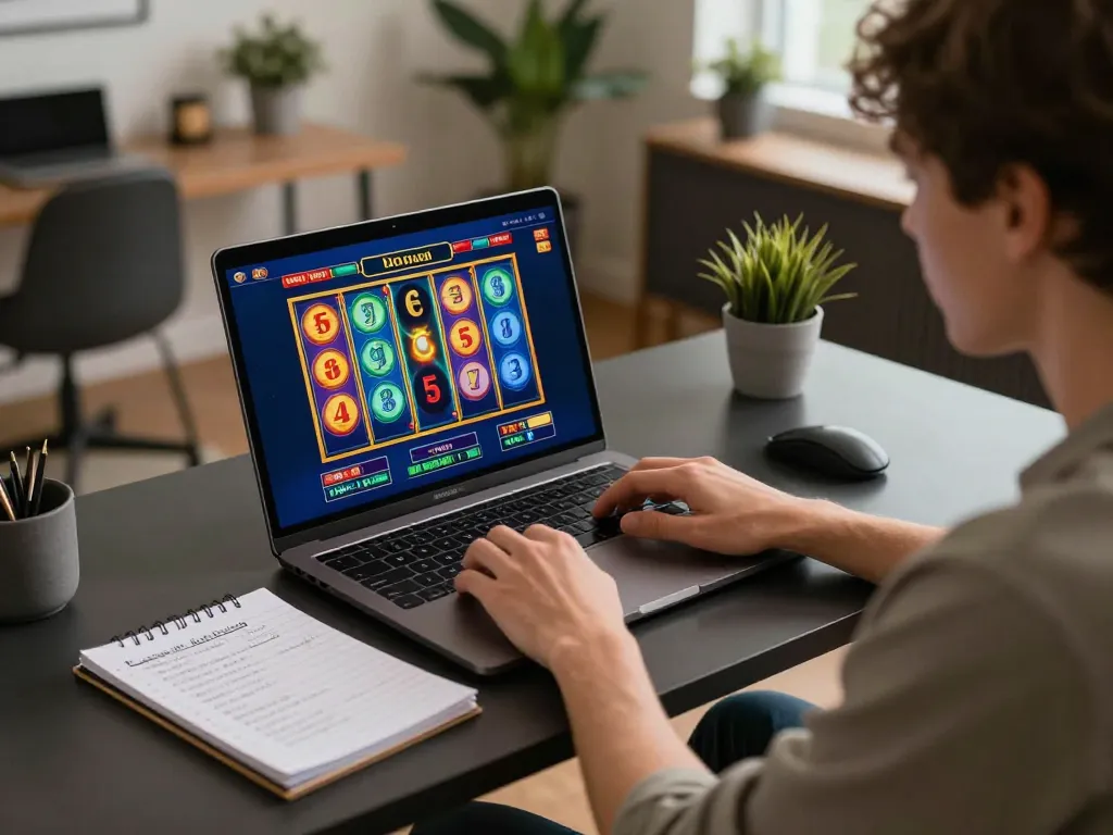 Engaged player enjoying slot gacor malam ini on laptop in modern home office.