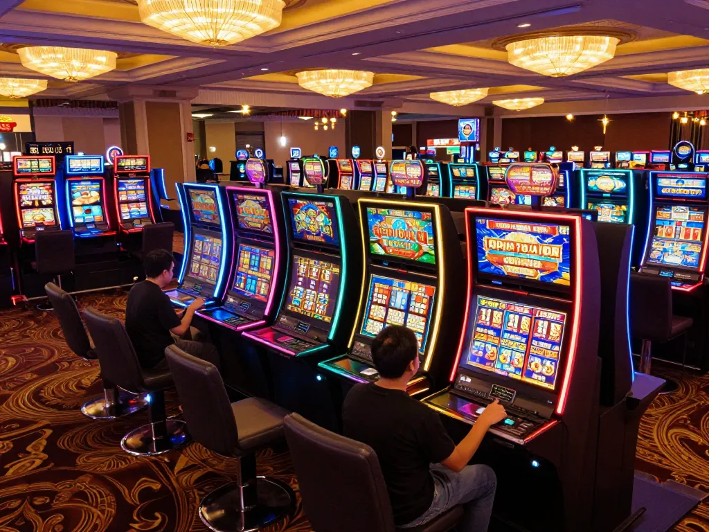 Players enjoying slot 10000 with vibrant machines and bright lights in an exciting casino atmosphere