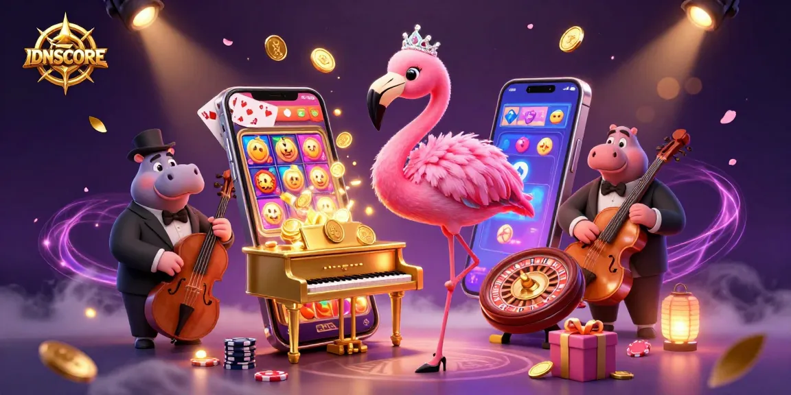 Experience the thrill of IDNSCORE with a vibrant casino scene featuring a flamingo singer and hippo bassist.