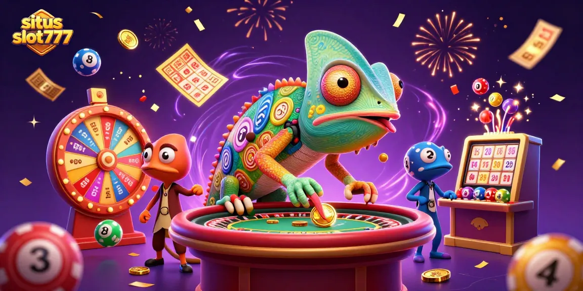 Menggandakan keseruan situs slot777 dengan ilustrasi chameleon kasino 3D yang dinamis, menyambut peluang menang.