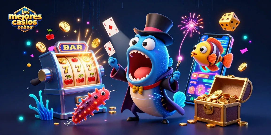 Los mejores casinos online: ilustración 3D de un pez profundo realizando trucos de cartas con elementos de casino flotantes.