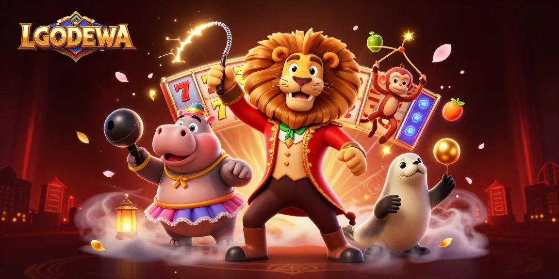 Experience the excitement of LGODEWA with vibrant slot reels, winning symbols, and lively characters.
