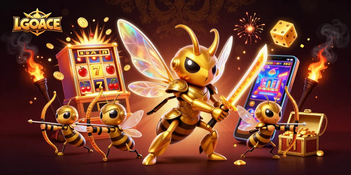 LGOACE features a lively casino scene with a golden hornet samurai amidst a jackpot explosion.