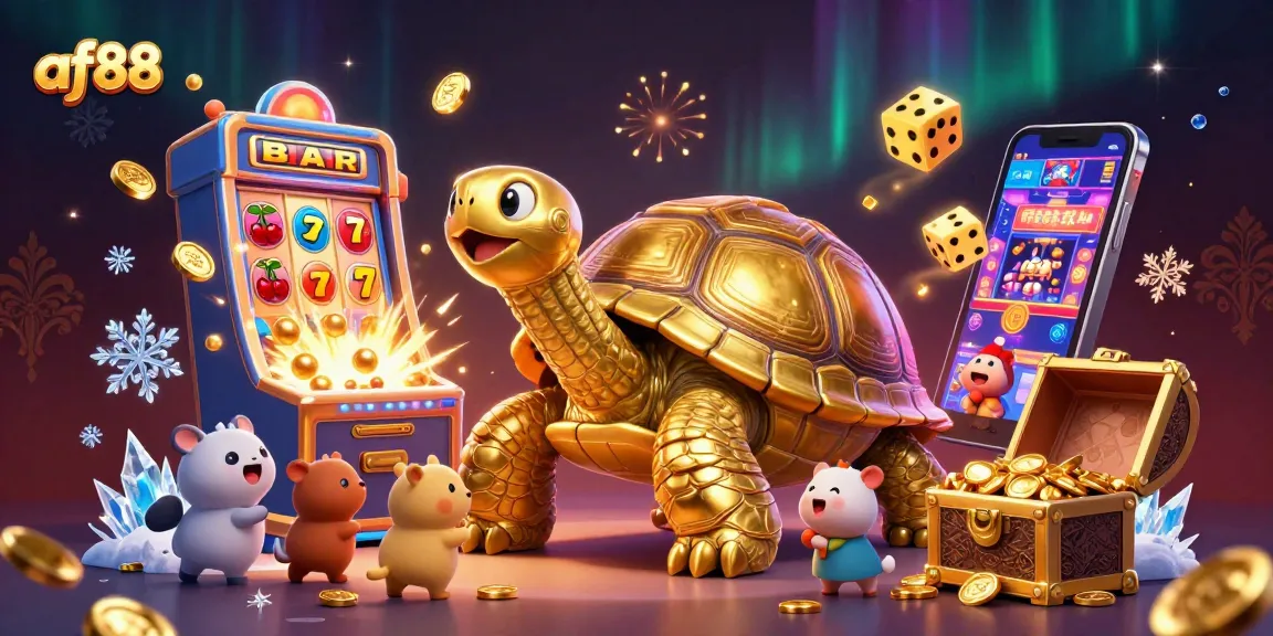 Experience the vibrant world of af88 with a dynamic scene of a golden tortoise pinball machine amidst exciting casino elements.