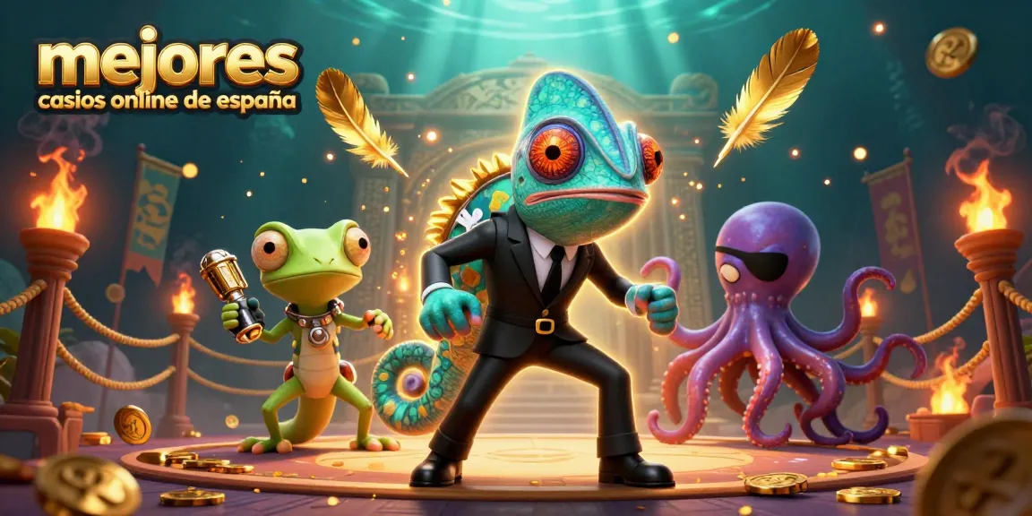 Mejores casinos online de España en acción con un camaleón, gecko y pulpo en un entorno vibrante.
