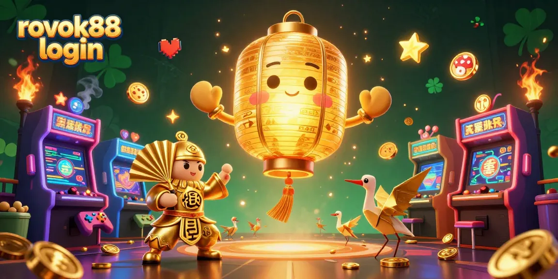 Experience rokok88 login with a vibrant casino scene featuring golden lanterns, arcade games, and more.