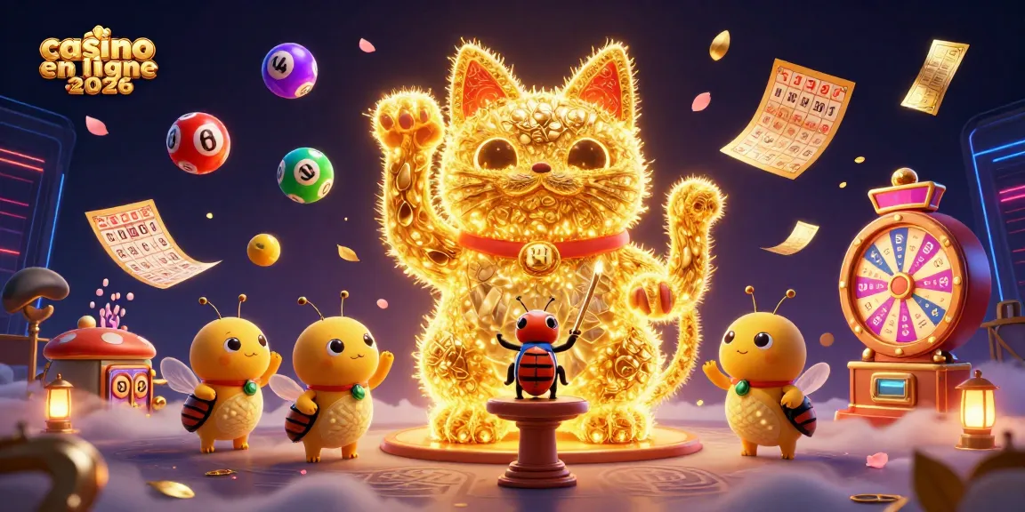 Jouer au casino en ligne 2026 avec un chat porte-bonheur animé au milieu d'éléments de jeu colorés.