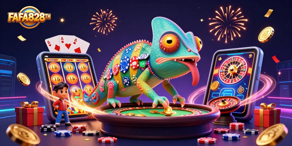 Join FAFA828TH as a colorful chameleon casino owner, amidst dynamic gaming elements including slots and poker.