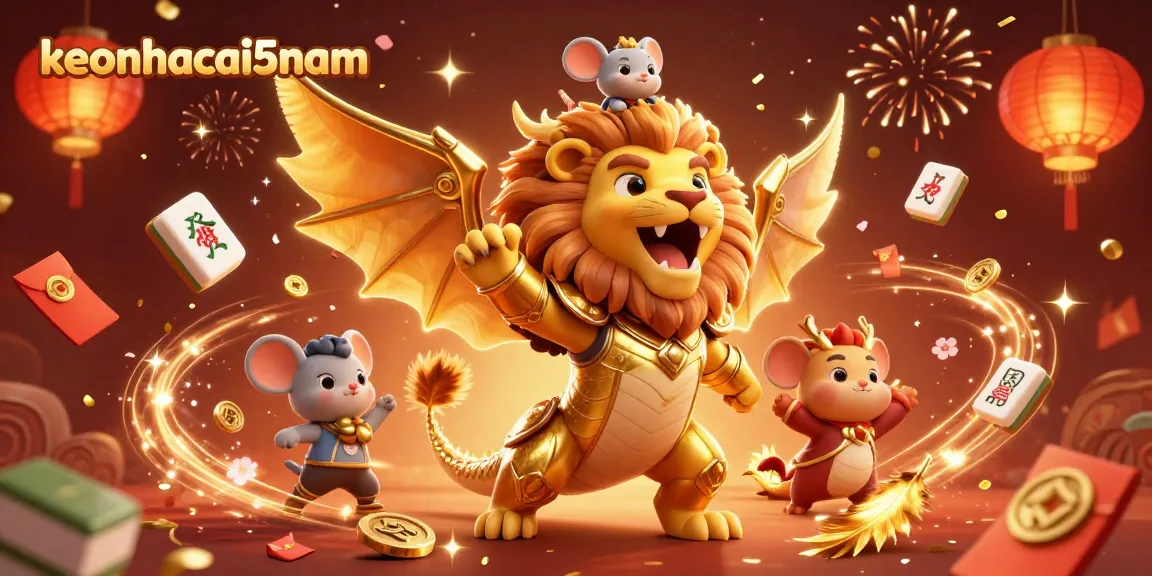 Engage with keonhacai5nam featuring a triumphant chimera and mouse jockey amidst festive gambling elements.