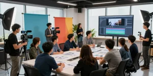 Corporate Video Production team collaborating on film project in a vibrant studio