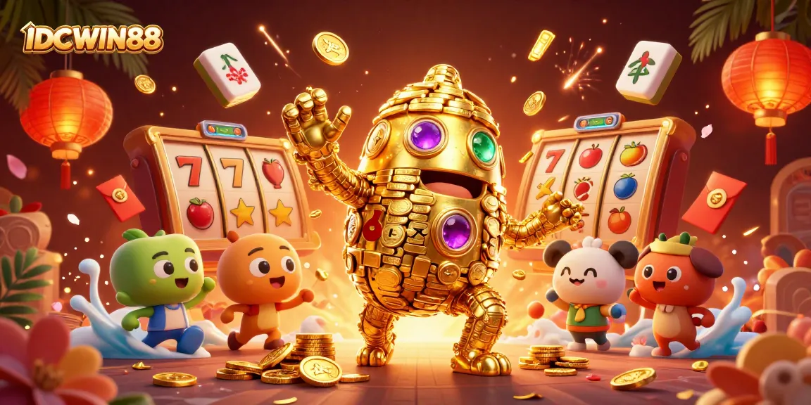 Experience thrilling gameplay with IDCWIN88's classic slot machines in a vibrant casino scene.