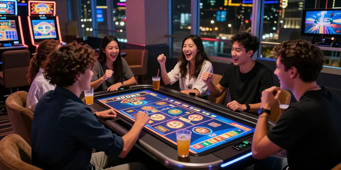 Friends enjoying JPTOTO gaming experience at a modern gaming lounge, vibrant and energetic atmosphere.