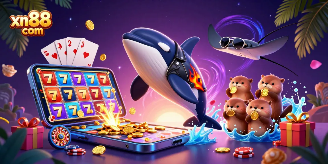 Engage with xn88 com by spinning of colorful slot reels featuring winning orca jumps and otters with coins.